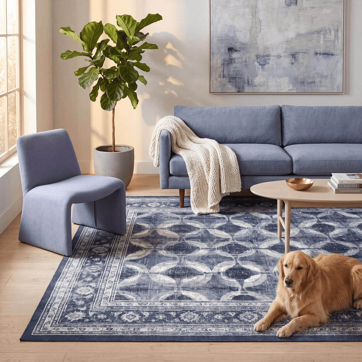 A dog resting on the rug in a living room.