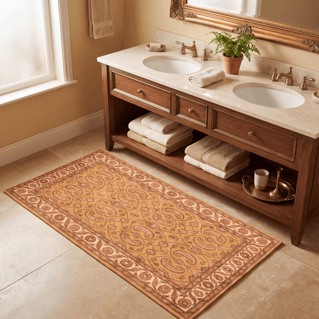 Lagoon2 Traditional Floral Border Saffron Gold Ivory Washable Indoor Outdoor Rug - RugzellaDigital Print RugRugzellaRugzellaBBB391-RECT-24x47-60x120cmRGZLLA113451Rectangle2' x 3'11" (60x120 cm)RUNNER | Lagoon2 runner bathroom
