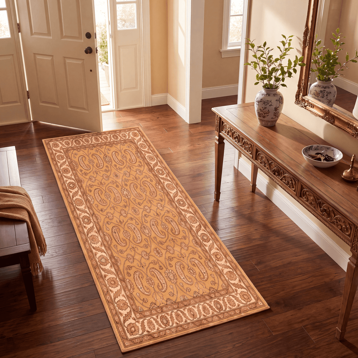 Lagoon2 Traditional Floral Border Saffron Gold Ivory Washable Indoor Outdoor Rug - RugzellaDigital Print RugRugzellaRugzellaBBB391-RECT-24x47-60x120cmRGZLLA113451Rectangle2' x 3'11" (60x120 cm)RUNNER | Lagoon2 runner entryway
