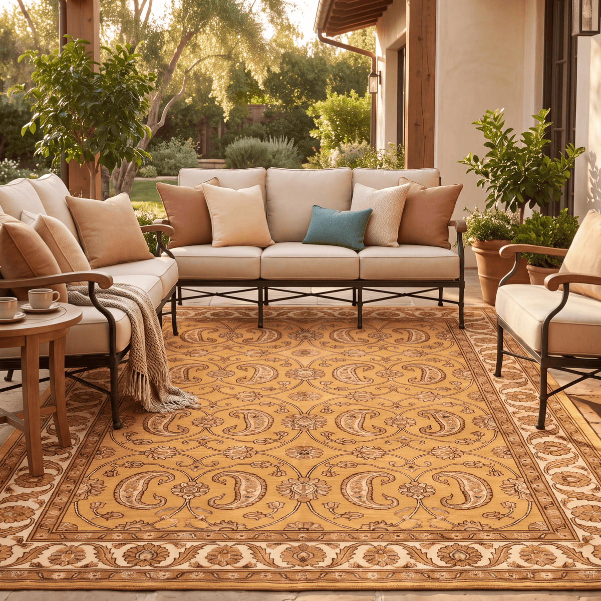 The rug laid flat on a patio beside outdoor seating.