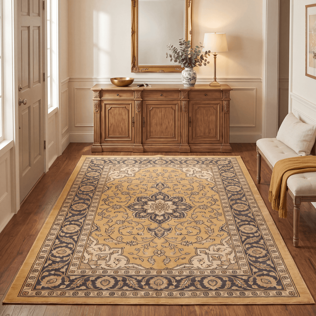 Liverwort Traditional Oriental Style Medallion Mustard Charcoal Ivory Washable Indoor Outdoor Entryway Rug - RugzellaDigital Print RugRugzellaRugzellaBBB593-RECT-24x47-60x120cmRGZLLA179111Rectangle2' x 3'11" (60x120 cm)RECTANGLE | Liverwort rectangle entryway