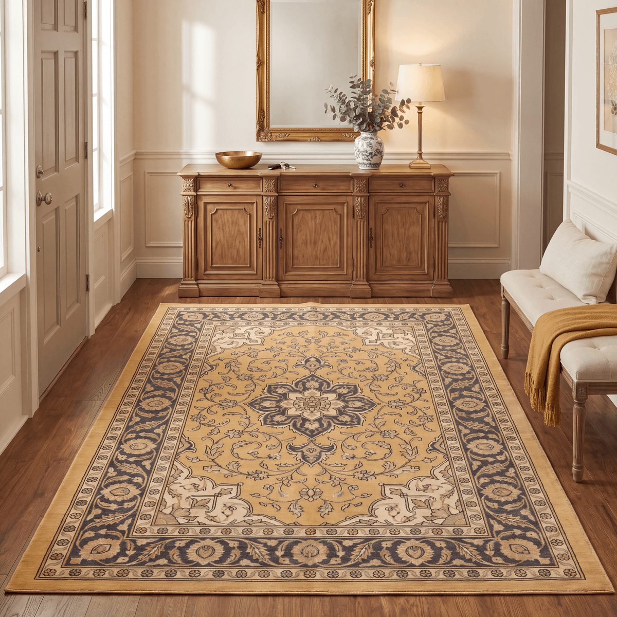 Liverwort Traditional Oriental Style Medallion Mustard Charcoal Ivory Washable Indoor Outdoor Entryway Rug - RugzellaDigital Print RugRugzellaRugzellaBBB593-RECT-24x47-60x120cmRGZLLA179111Rectangle2' x 3'11" (60x120 cm)RECTANGLE | Liverwort rectangle entryway