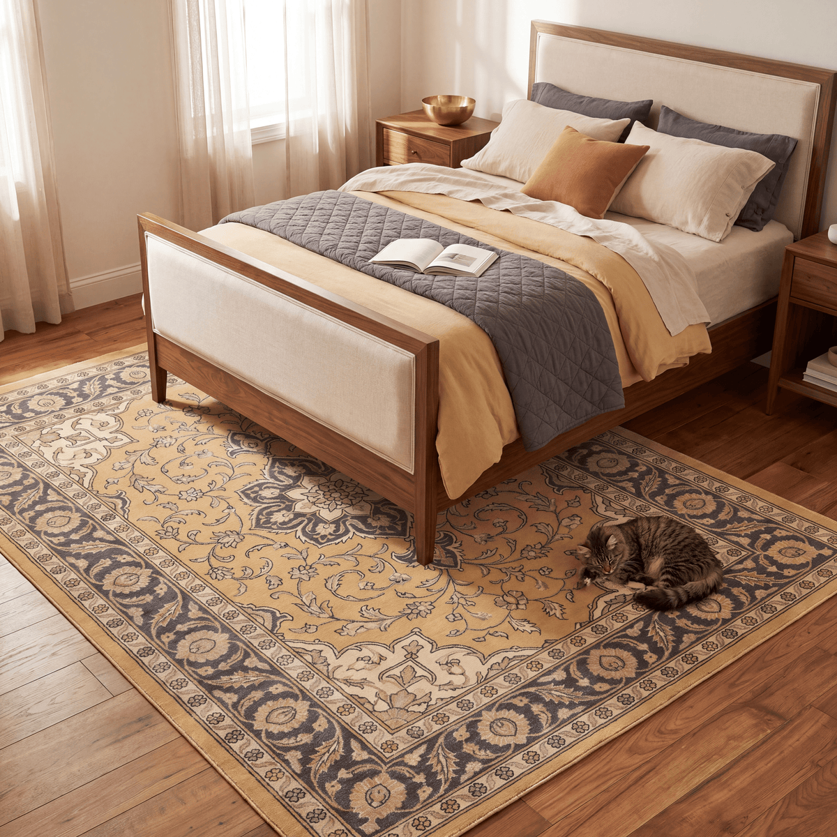 The rug at the foot of a bed with a cat asleep on it.