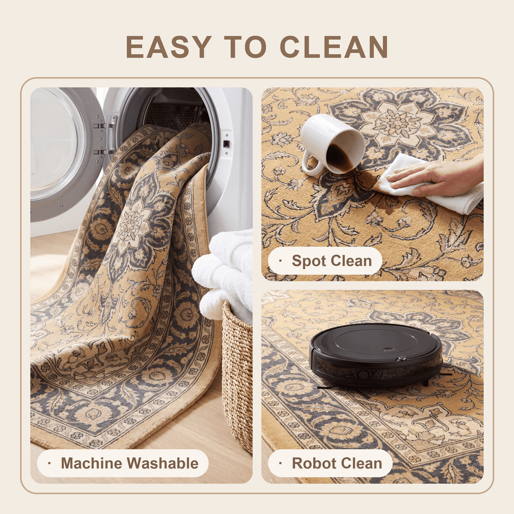Liverwort Traditional Oriental Style Medallion Mustard Charcoal Ivory Washable Indoor Outdoor Entryway Rug - RugzellaDigital Print RugRugzellaRugzellaBBB593-RECT-24x47-60x120cmRGZLLA179111Rectangle2' x 3'11" (60x120 cm)SHARED | Liverwort feature clean