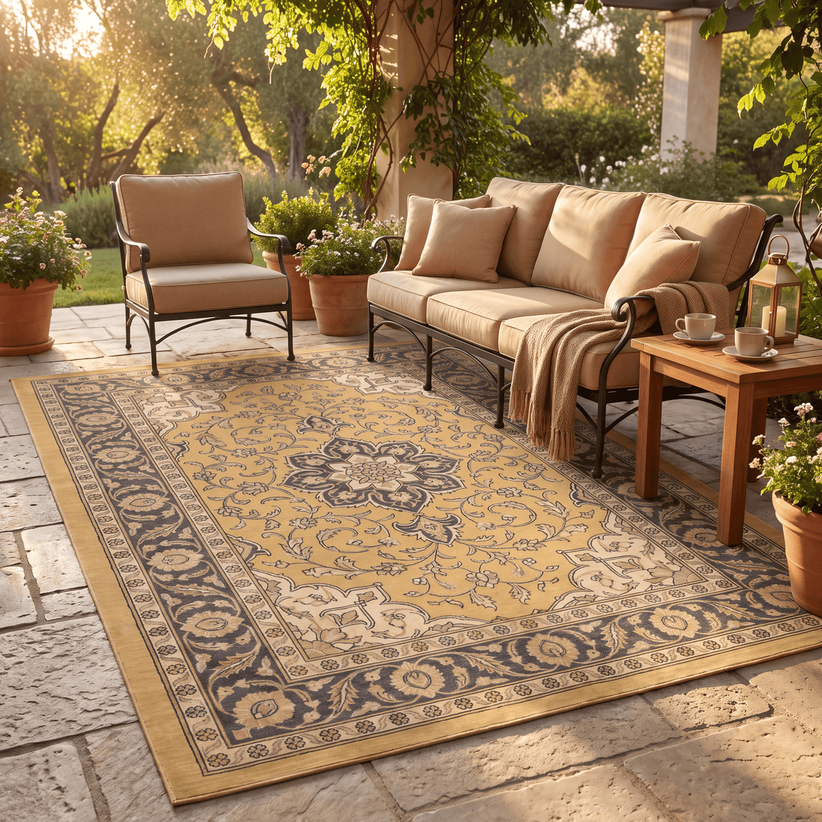 The rug laid flat on a patio beside outdoor seating.