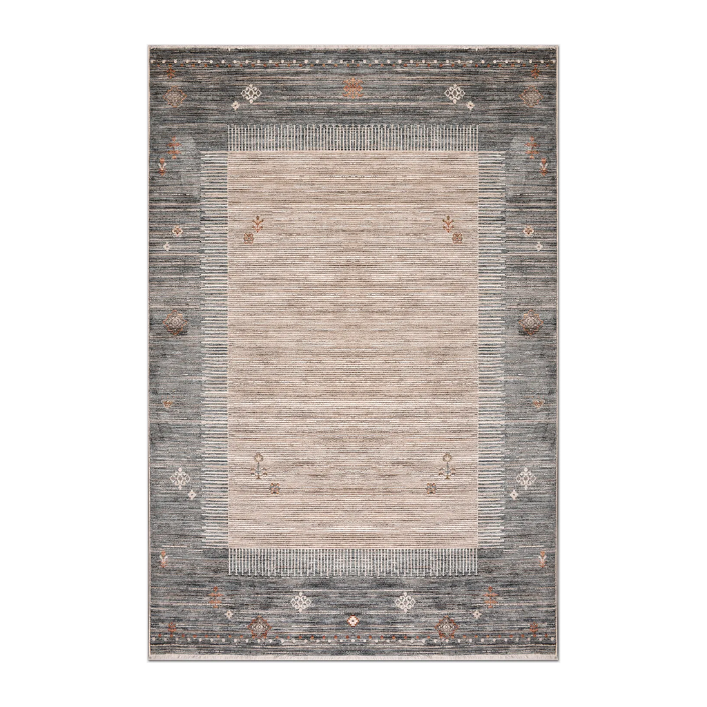 RECTANGLE | HERO | Trefoil Grey Beige Abstract Tribal Border Machine Woven Livi