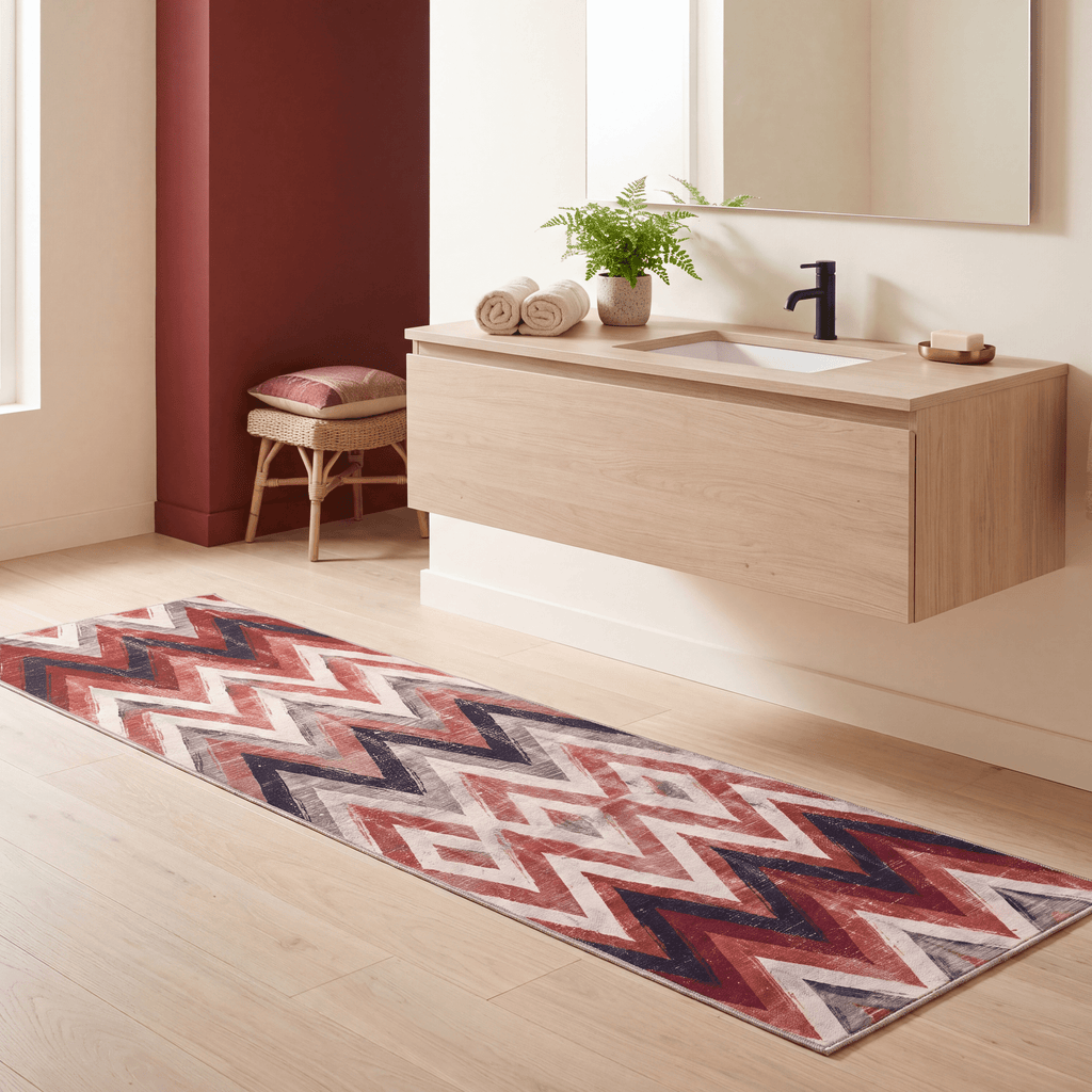 Manor2 Modern Brushstroke Stripe Ember Rust Ink Blue Bone Washable Indoor Outdoor Rug - RugzellaDigital Print RugRugzellaRugzellaBBB395-RECT-24x47-60x120cmRGZLLA114791Rectangle2' x 3'11" (60x120 cm)RUNNER | Manor2 runner bathroom