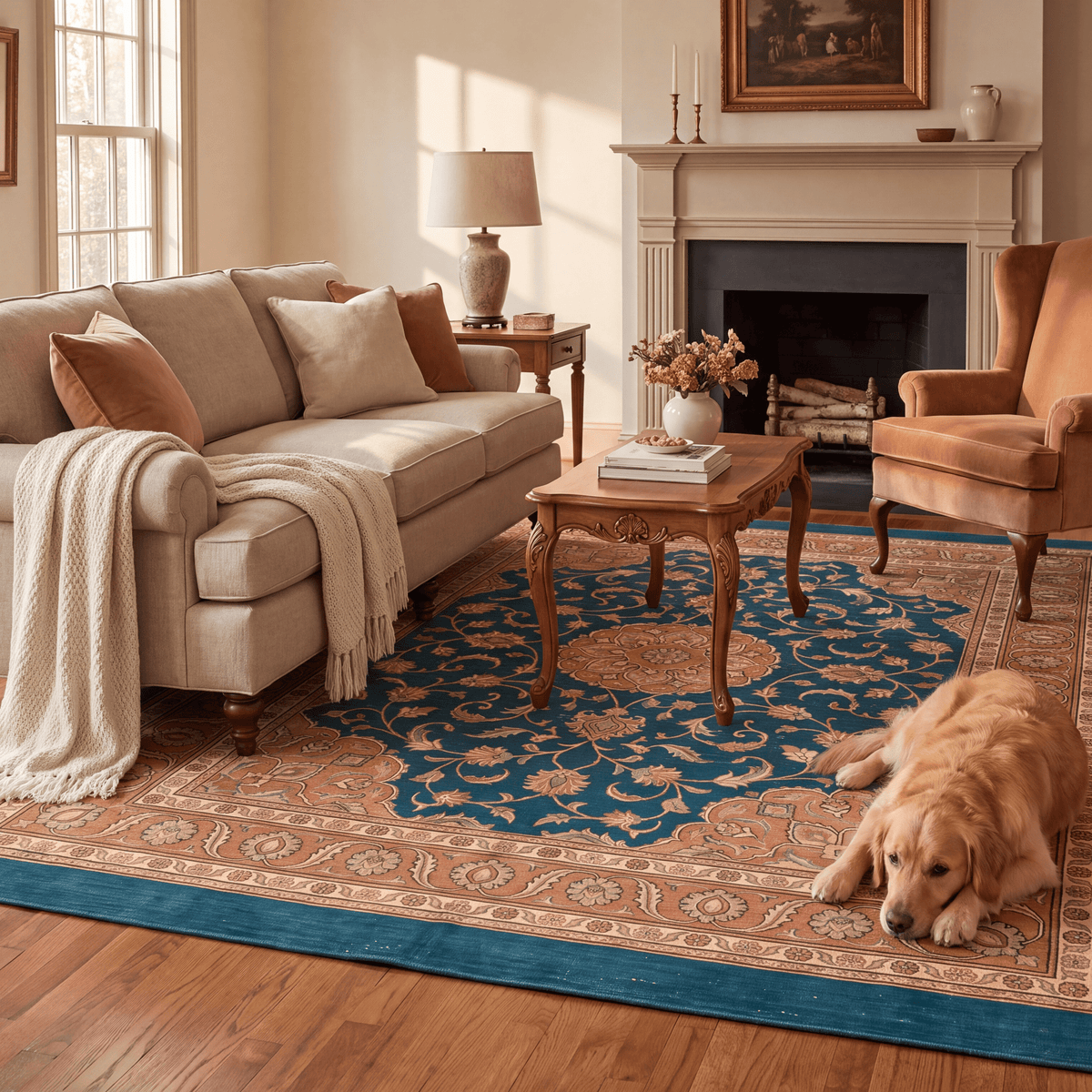 A dog resting on the rug in a living room.