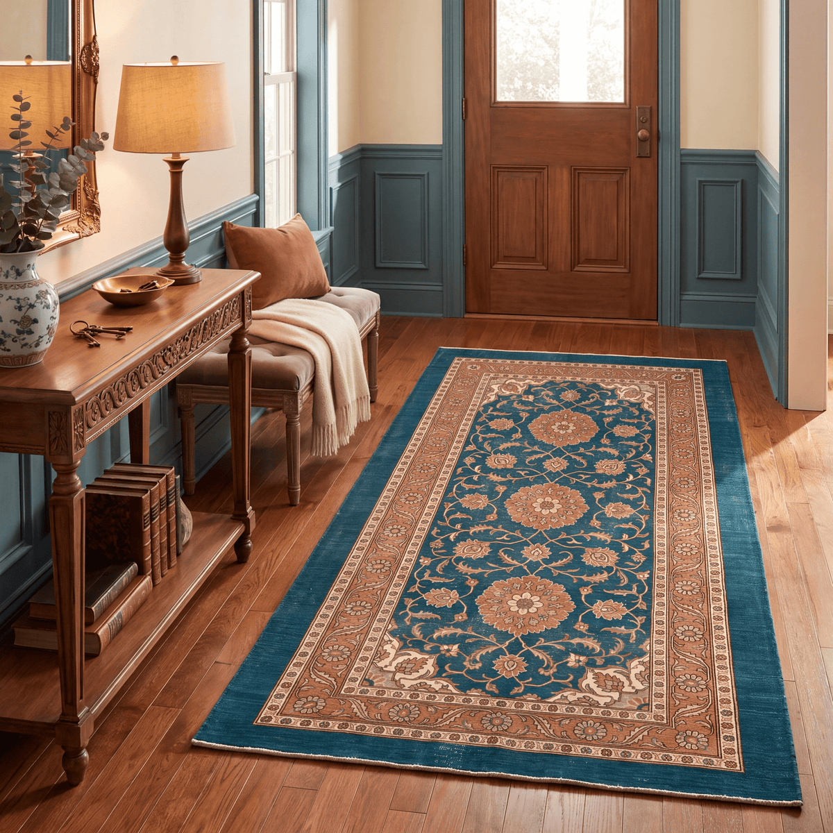 Mere2 Traditional Medallion Border Teal Copper Cream Washable Indoor Outdoor Entryway Rug - RugzellaDigital Print RugRugzellaRugzellaBBB430-RECT-24x47-60x120cmRGZLLA124841Rectangle2' x 3'11" (60x120 cm)RUNNER | Mere2 runner entryway