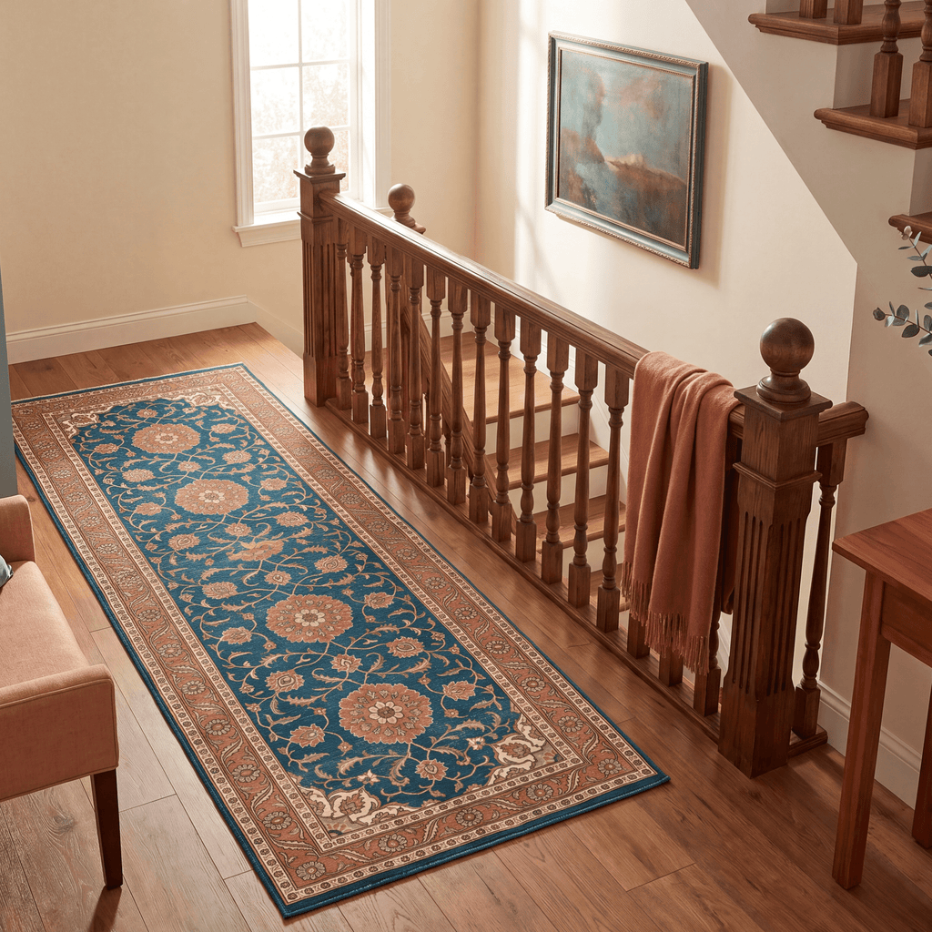 Mere2 Traditional Medallion Border Teal Copper Cream Washable Indoor Outdoor Entryway Rug - RugzellaDigital Print RugRugzellaRugzellaBBB430-RECT-24x47-60x120cmRGZLLA124841Rectangle2' x 3'11" (60x120 cm)RUNNER | Mere2 runner staircase