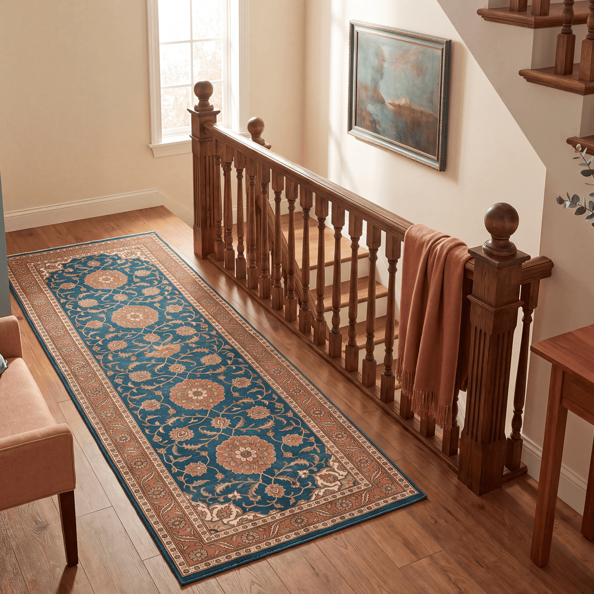 Mere2 Traditional Medallion Border Teal Copper Cream Washable Indoor Outdoor Entryway Rug - RugzellaDigital Print RugRugzellaRugzellaBBB430-RECT-24x47-60x120cmRGZLLA124841Rectangle2' x 3'11" (60x120 cm)RUNNER | Mere2 runner staircase