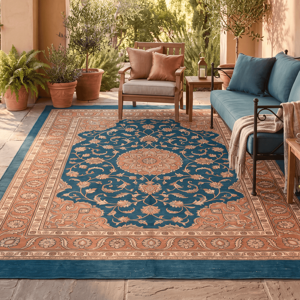 Mere2 Traditional Medallion Border Teal Copper Cream Washable Indoor Outdoor Entryway Rug - RugzellaDigital Print RugRugzellaRugzellaBBB430-RECT-24x47-60x120cmRGZLLA124841Rectangle2' x 3'11" (60x120 cm)RECTANGLE | Mere2 rectangle outdoor