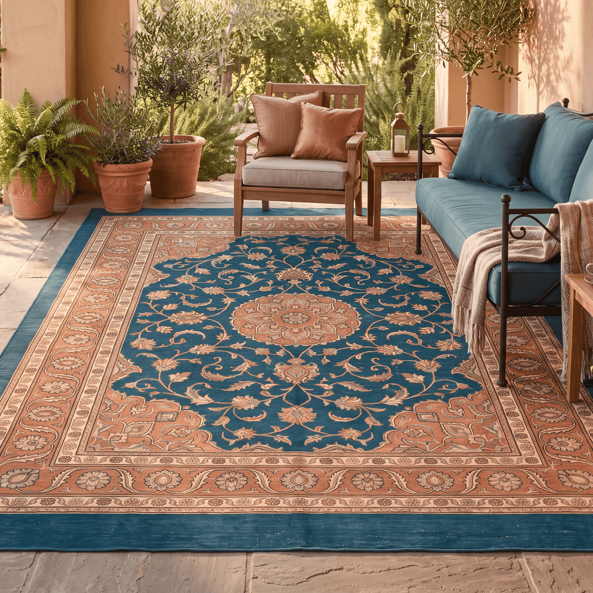 Mere2 Traditional Medallion Border Teal Copper Cream Washable Indoor Outdoor Entryway Rug - RugzellaDigital Print RugRugzellaRugzellaBBB430-RECT-24x47-60x120cmRGZLLA124841Rectangle2' x 3'11" (60x120 cm)RECTANGLE | Mere2 rectangle outdoor