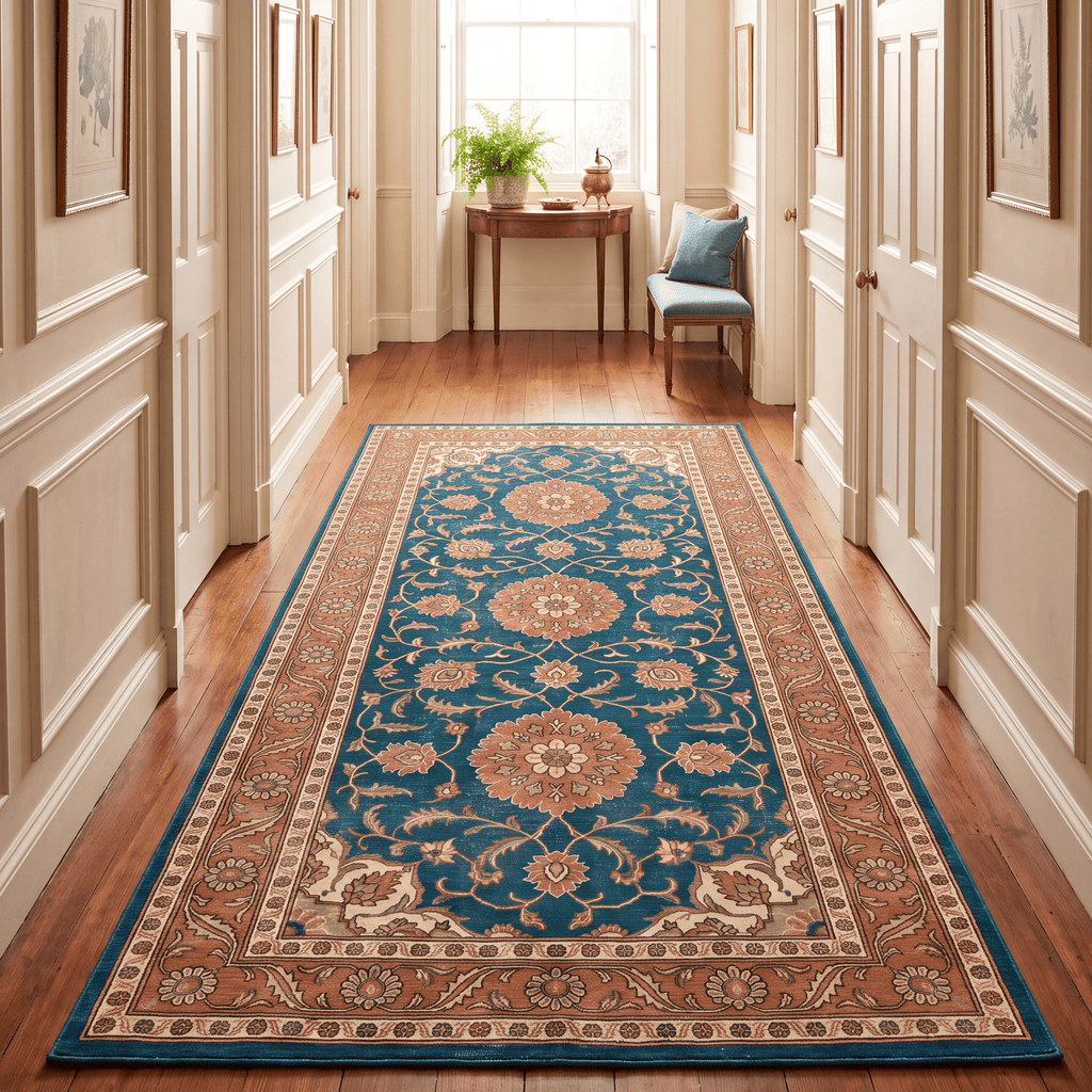 Mere2 Traditional Medallion Border Teal Copper Cream Washable Indoor Outdoor Entryway Rug - RugzellaDigital Print RugRugzellaRugzellaBBB430-RECT-24x47-60x120cmRGZLLA124841Rectangle2' x 3'11" (60x120 cm)RUNNER | Mere2 runner hallway