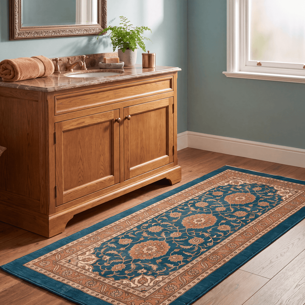 Mere2 Traditional Medallion Border Teal Copper Cream Washable Indoor Outdoor Entryway Rug - RugzellaDigital Print RugRugzellaRugzellaBBB430-RECT-24x47-60x120cmRGZLLA124841Rectangle2' x 3'11" (60x120 cm)RUNNER | Mere2 runner bathroom