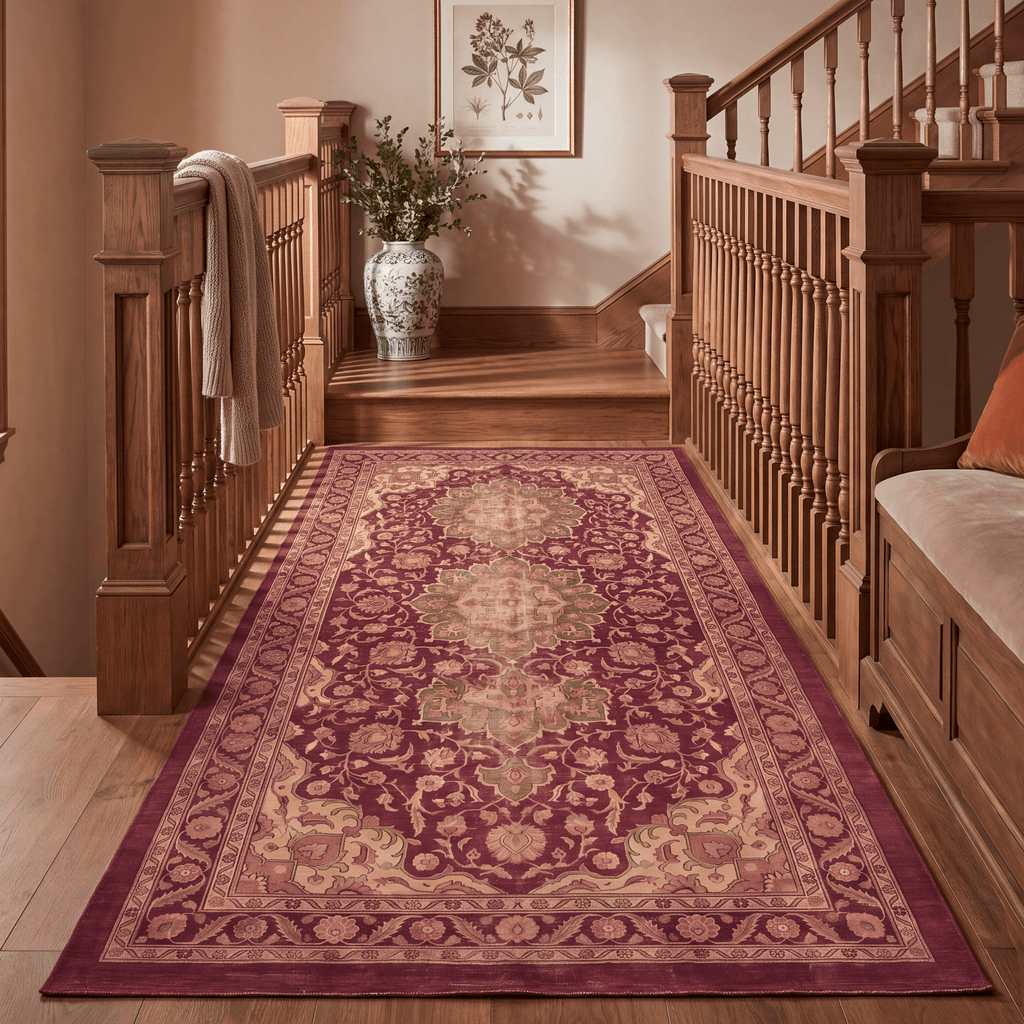 Monsoon2 Distressed Medallion Traditional Oxblood Bronze Linen Washable Indoor Outdoor Rug - RugzellaDigital Print RugRugzellaRugzellaBBB377-RECT-24x47-60x120cmRGZLLA109431Rectangle2' x 3'11" (60x120 cm)RUNNER | Monsoon2 runner staircase