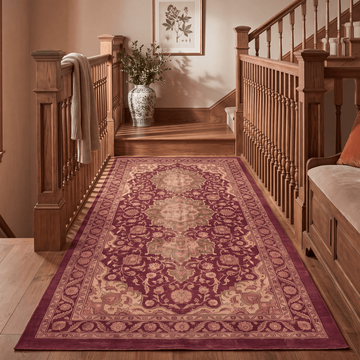 Monsoon2 Distressed Medallion Traditional Oxblood Bronze Linen Washable Indoor Outdoor Rug - RugzellaDigital Print RugRugzellaRugzellaBBB377-RECT-24x47-60x120cmRGZLLA109431Rectangle2' x 3'11" (60x120 cm)RUNNER | Monsoon2 runner staircase