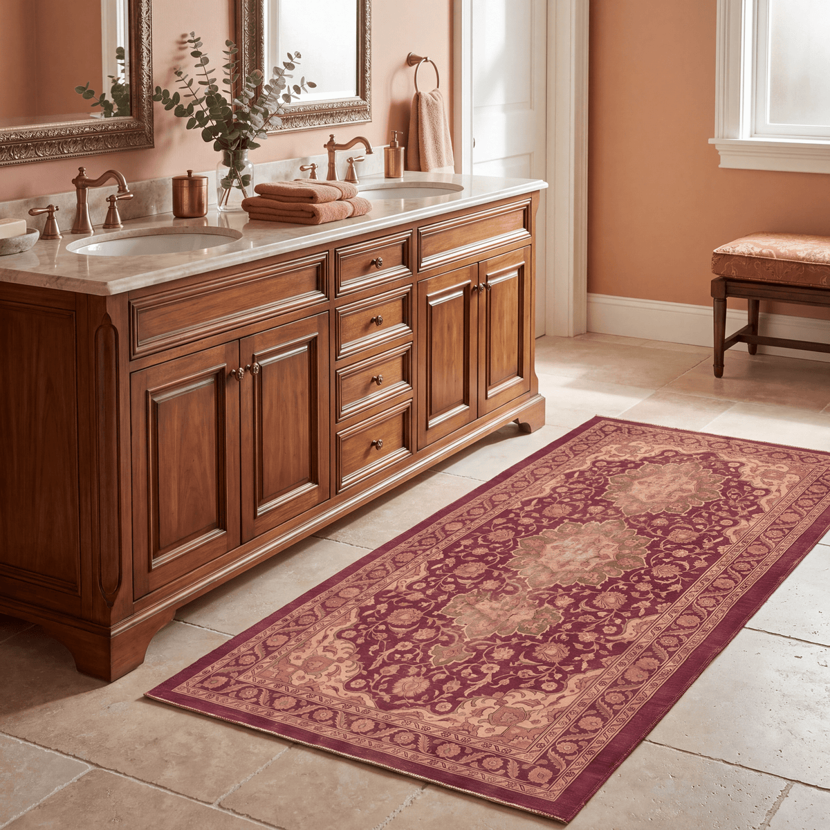 Monsoon2 Distressed Medallion Traditional Oxblood Bronze Linen Washable Indoor Outdoor Rug - RugzellaDigital Print RugRugzellaRugzellaBBB377-RECT-24x47-60x120cmRGZLLA109431Rectangle2' x 3'11" (60x120 cm)RUNNER | Monsoon2 runner bathroom