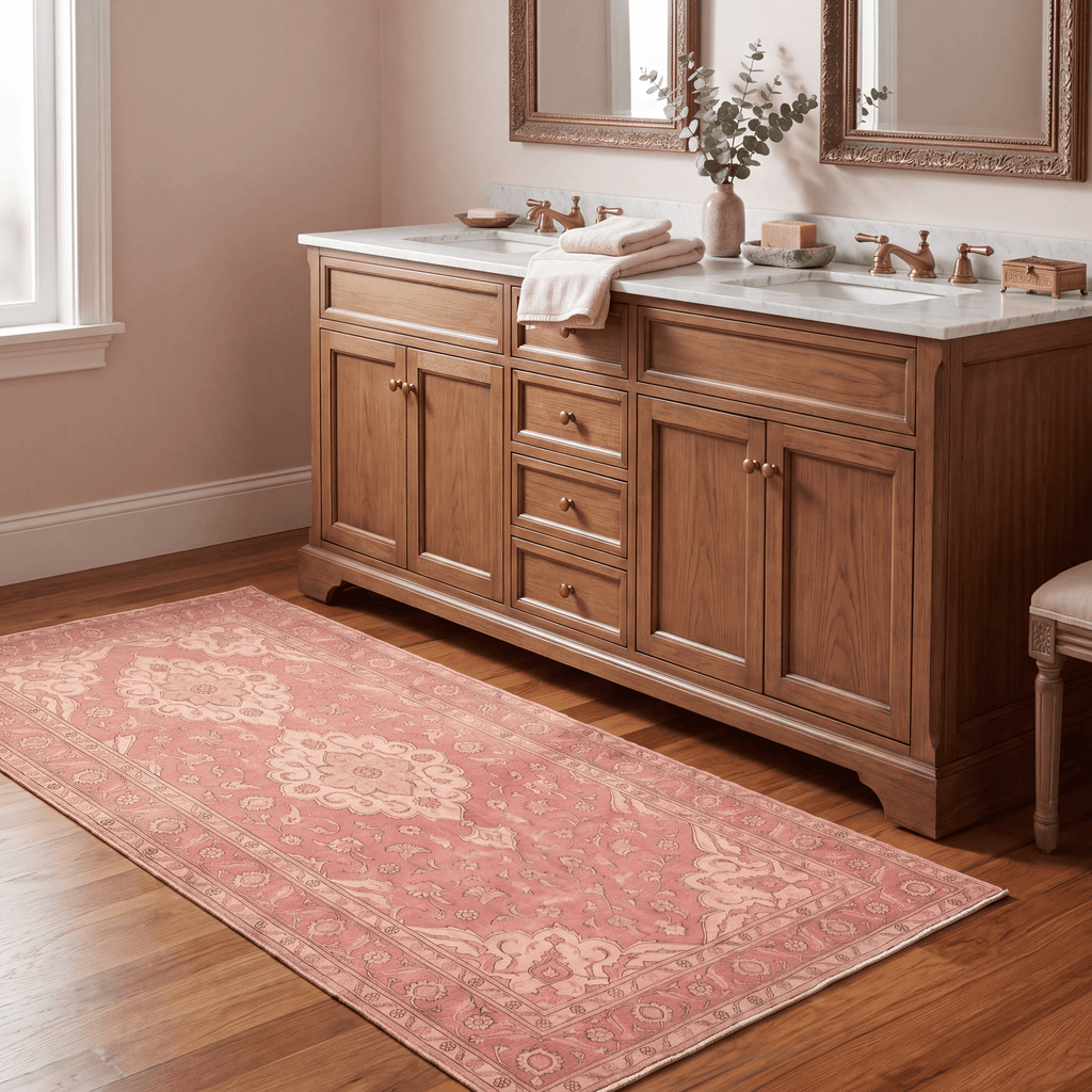 Narrows2 Traditional Medallion Border Rose Madder Cream Washable Indoor Outdoor Entryway Rug - RugzellaDigital Print RugRugzellaRugzellaBBB432-RECT-24x47-60x120cmRGZLLA136901Rectangle2' x 3'11" (60x120 cm)RUNNER | Narrows2 runner bathroom