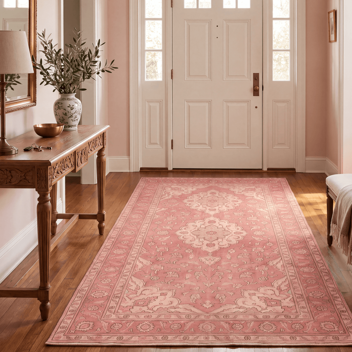 Narrows2 Traditional Medallion Border Rose Madder Cream Washable Indoor Outdoor Entryway Rug - RugzellaDigital Print RugRugzellaRugzellaBBB432-RECT-24x47-60x120cmRGZLLA136901Rectangle2' x 3'11" (60x120 cm)RUNNER | Narrows2 runner entryway