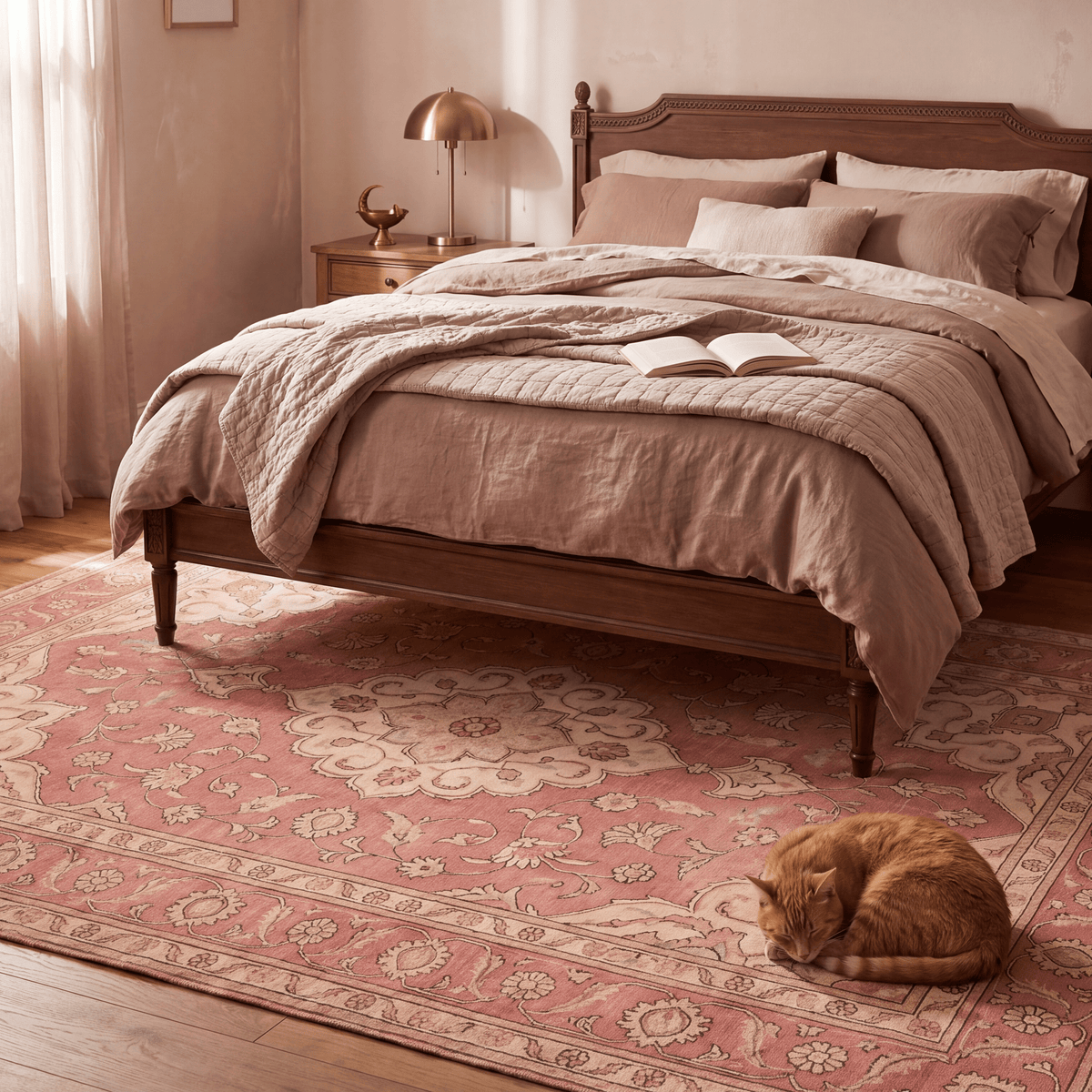 The rug at the foot of a bed with a cat asleep on it.