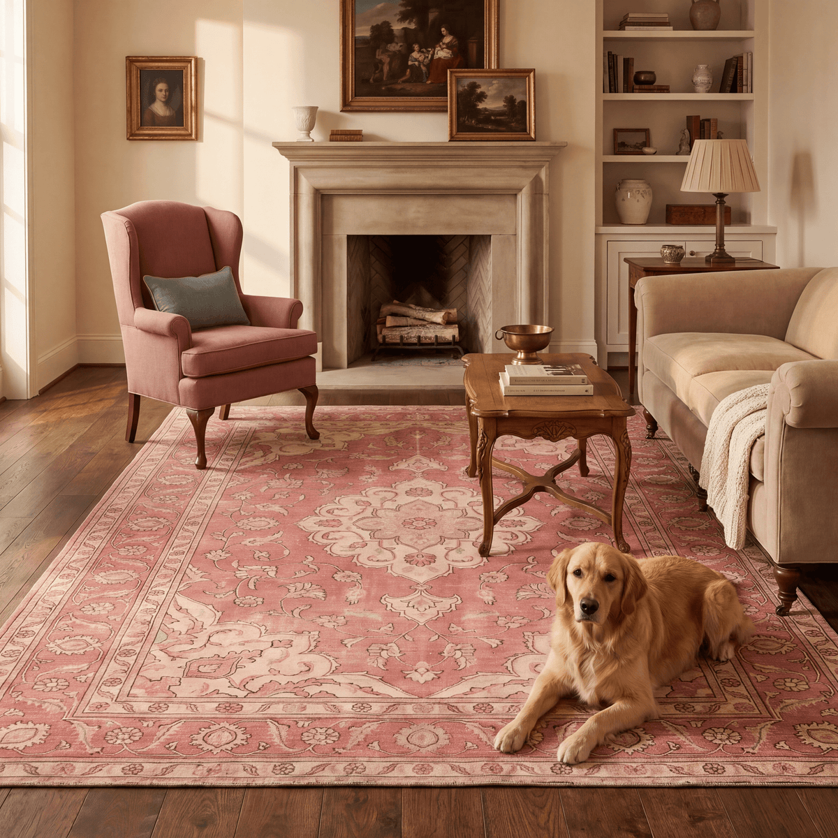 A dog resting on the rug in a living room.