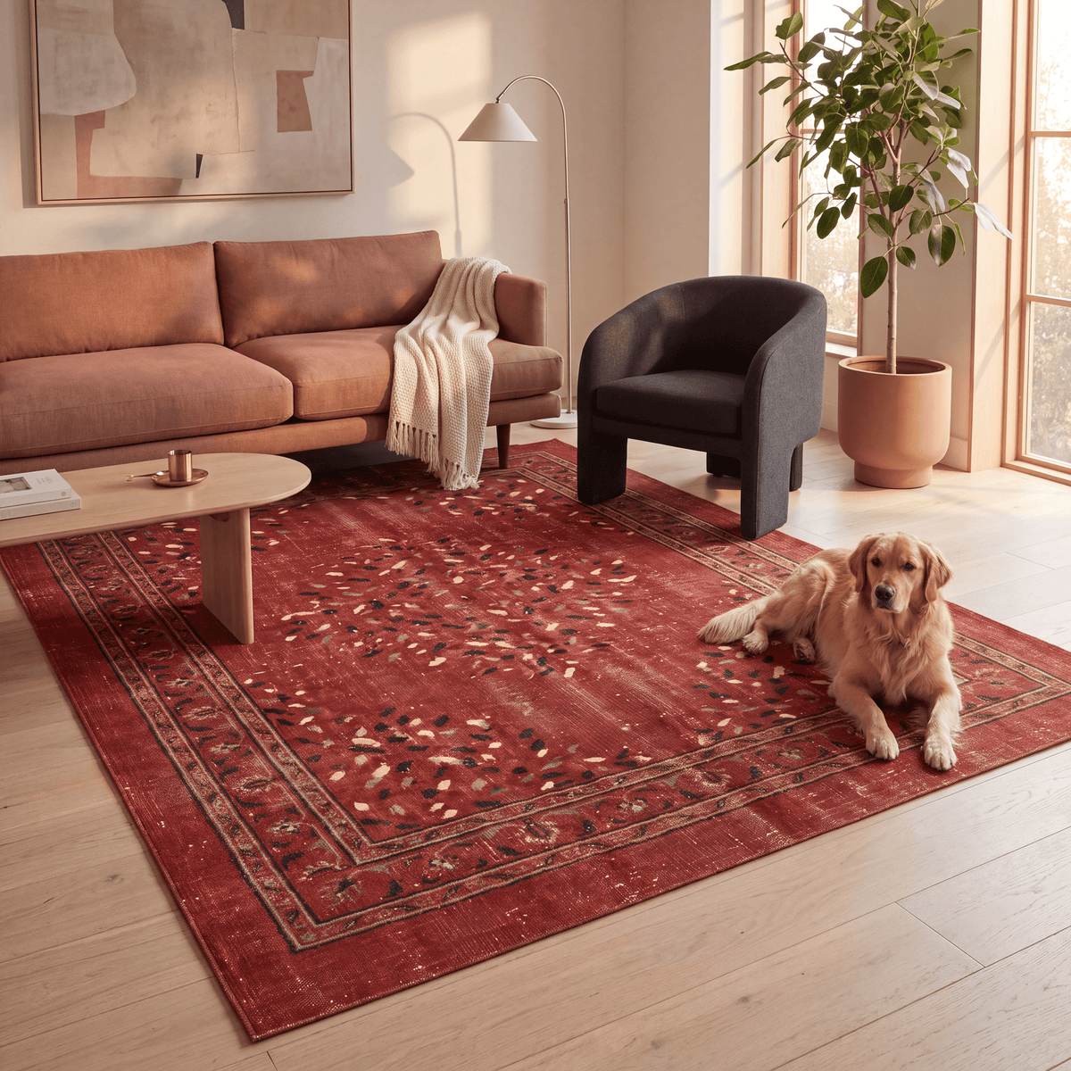 A dog resting on the rug in a living room.