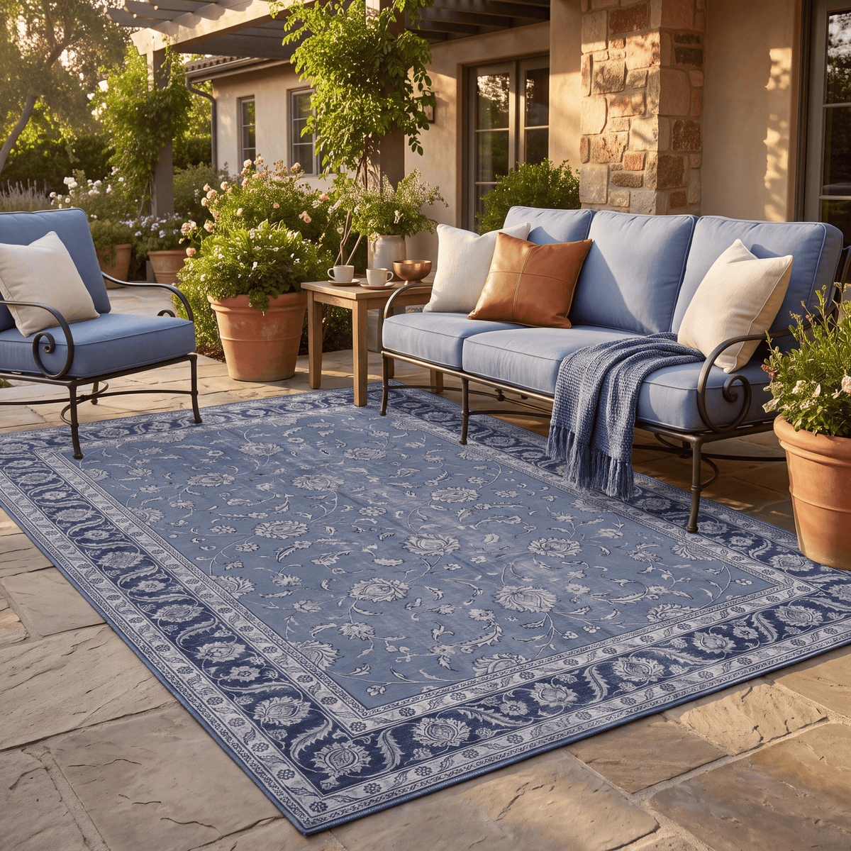 The rug laid flat on a patio beside outdoor seating.