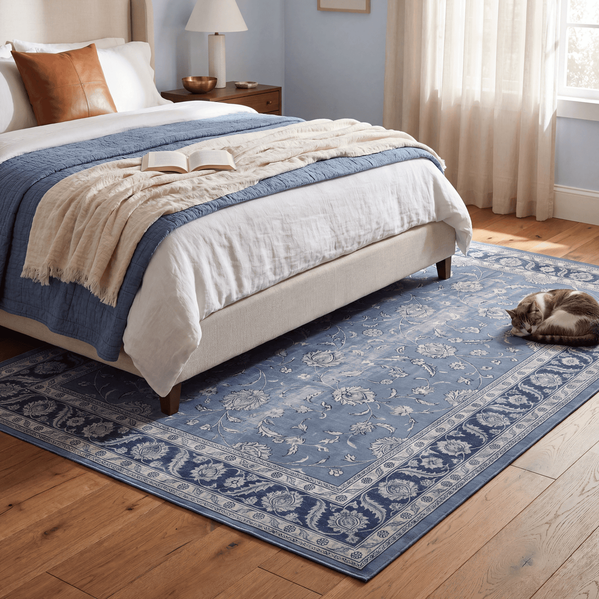 The rug at the foot of a bed with a cat asleep on it.