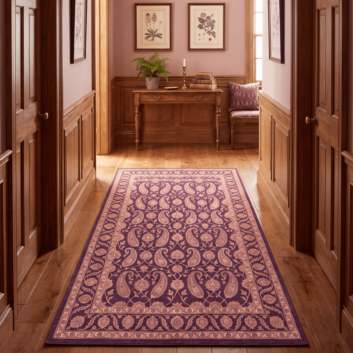 Oasis2 Traditional Floral Border Aubergine Rose Ivory Washable Indoor Outdoor Entryway Rug - RugzellaDigital Print RugRugzellaRugzellaBBB433-RECT-24x47-60x120cmRGZLLA98376Rectangle2' x 3'11" (60x120 cm)RUNNER | Oasis2 runner hallway