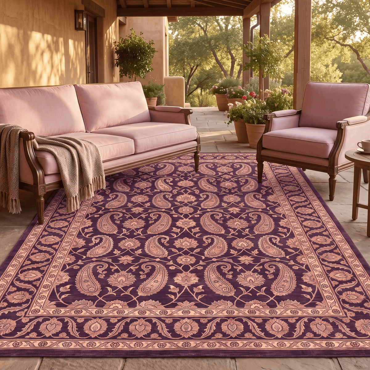 Oasis2 Traditional Floral Border Aubergine Rose Ivory Washable Indoor Outdoor Entryway Rug - RugzellaDigital Print RugRugzellaRugzellaBBB433-RECT-24x47-60x120cmRGZLLA98376Rectangle2' x 3'11" (60x120 cm)RECTANGLE | Oasis2 rectangle outdoor