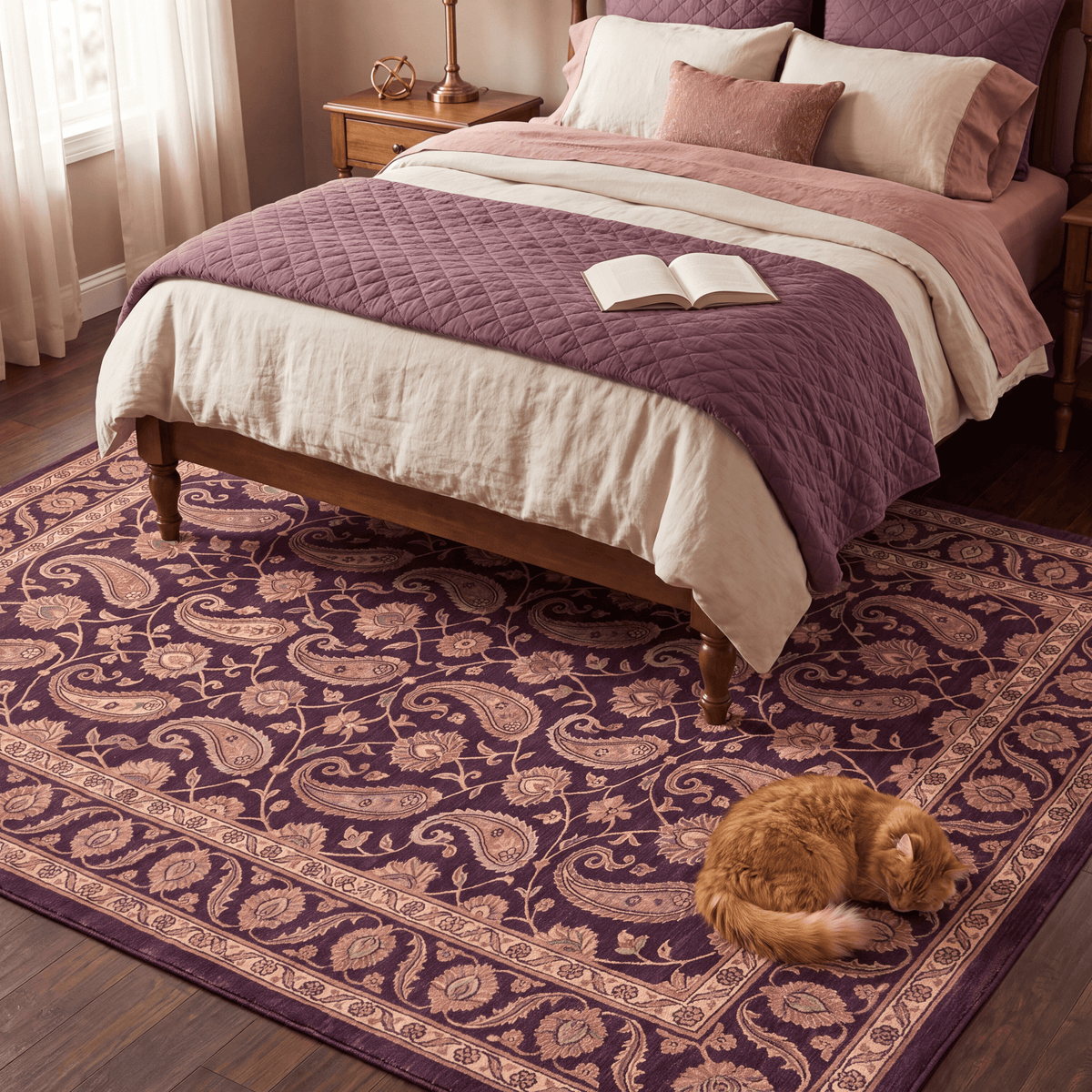 The rug at the foot of a bed with a cat asleep on it.