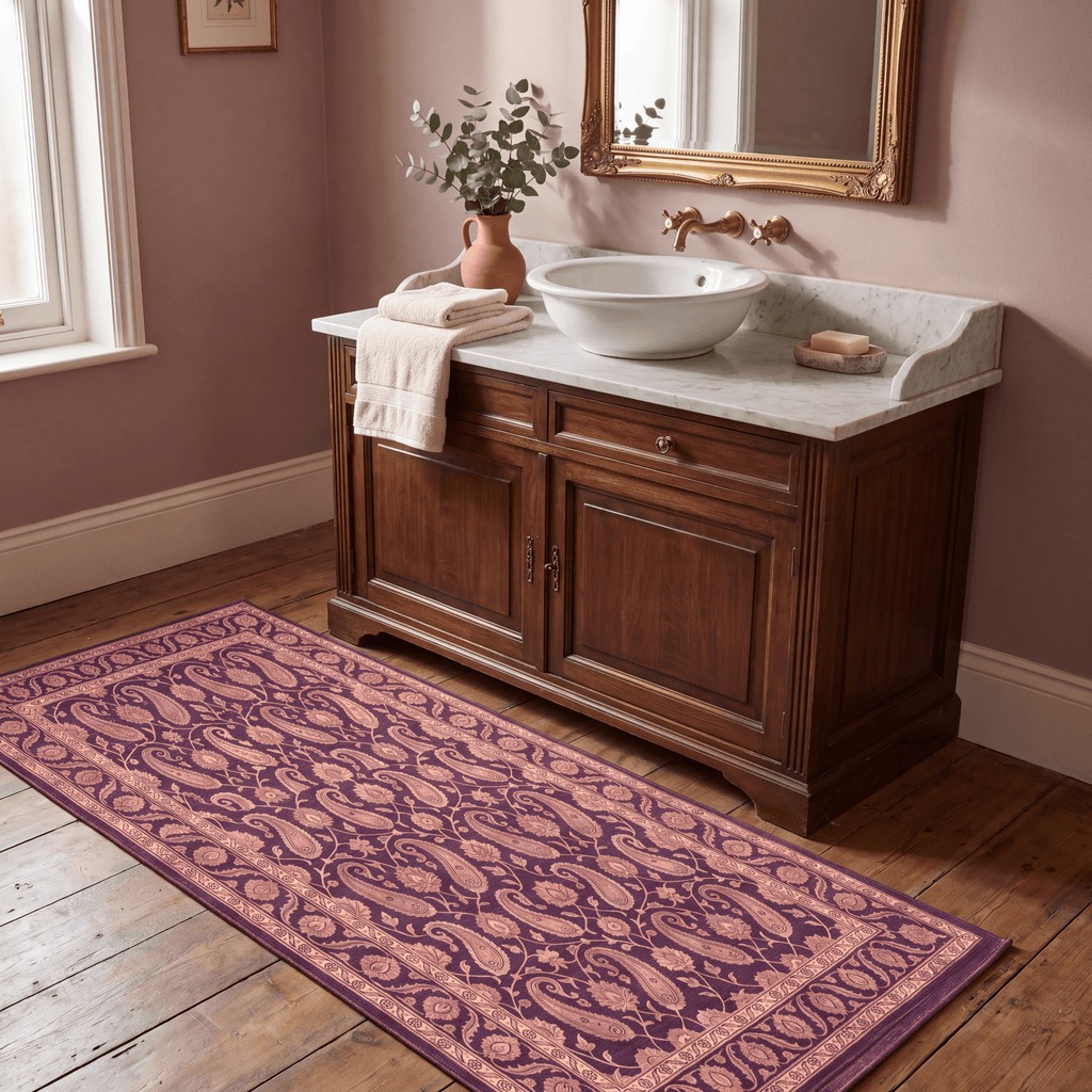 Oasis2 Traditional Floral Border Aubergine Rose Ivory Washable Indoor Outdoor Entryway Rug - RugzellaDigital Print RugRugzellaRugzellaBBB433-RECT-24x47-60x120cmRGZLLA98376Rectangle2' x 3'11" (60x120 cm)RUNNER | Oasis2 runner bathroom