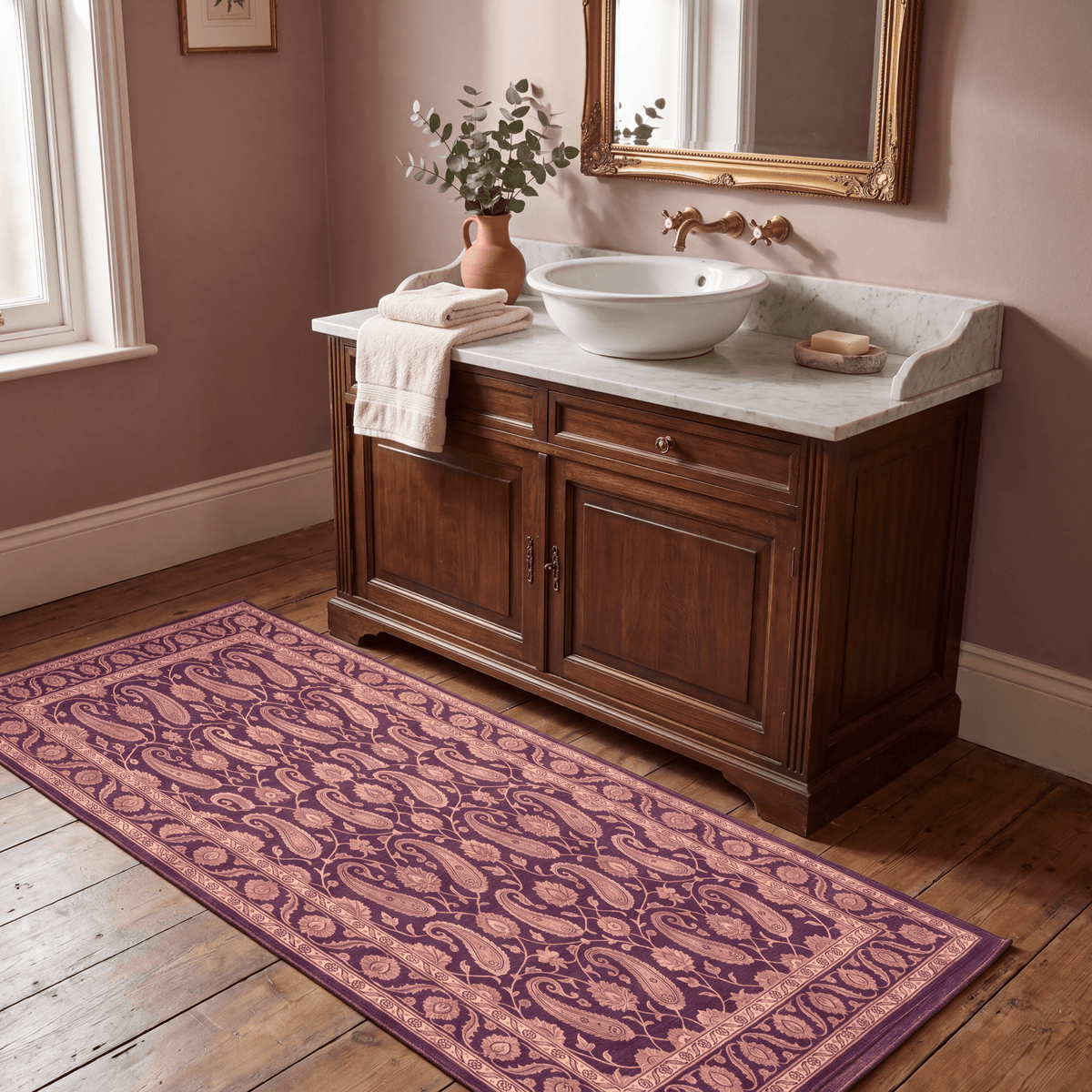 Oasis2 Traditional Floral Border Aubergine Rose Ivory Washable Indoor Outdoor Entryway Rug - RugzellaDigital Print RugRugzellaRugzellaBBB433-RECT-24x47-60x120cmRGZLLA98376Rectangle2' x 3'11" (60x120 cm)RUNNER | Oasis2 runner bathroom