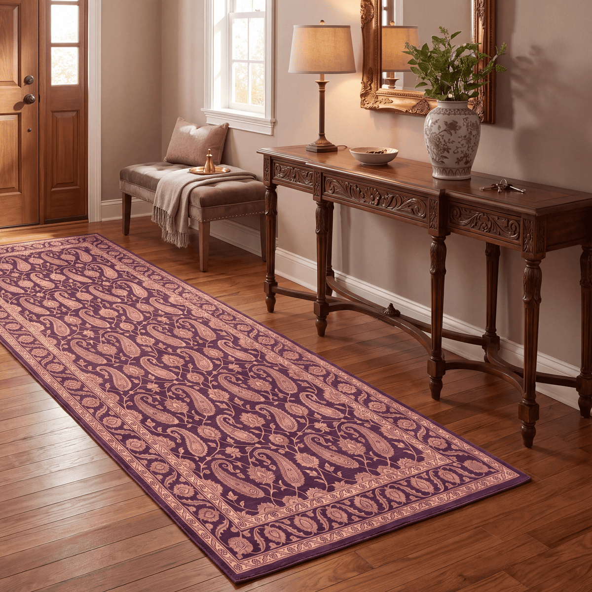 Oasis2 Traditional Floral Border Aubergine Rose Ivory Washable Indoor Outdoor Entryway Rug - RugzellaDigital Print RugRugzellaRugzellaBBB433-RECT-24x47-60x120cmRGZLLA98376Rectangle2' x 3'11" (60x120 cm)RUNNER | Oasis2 runner entryway