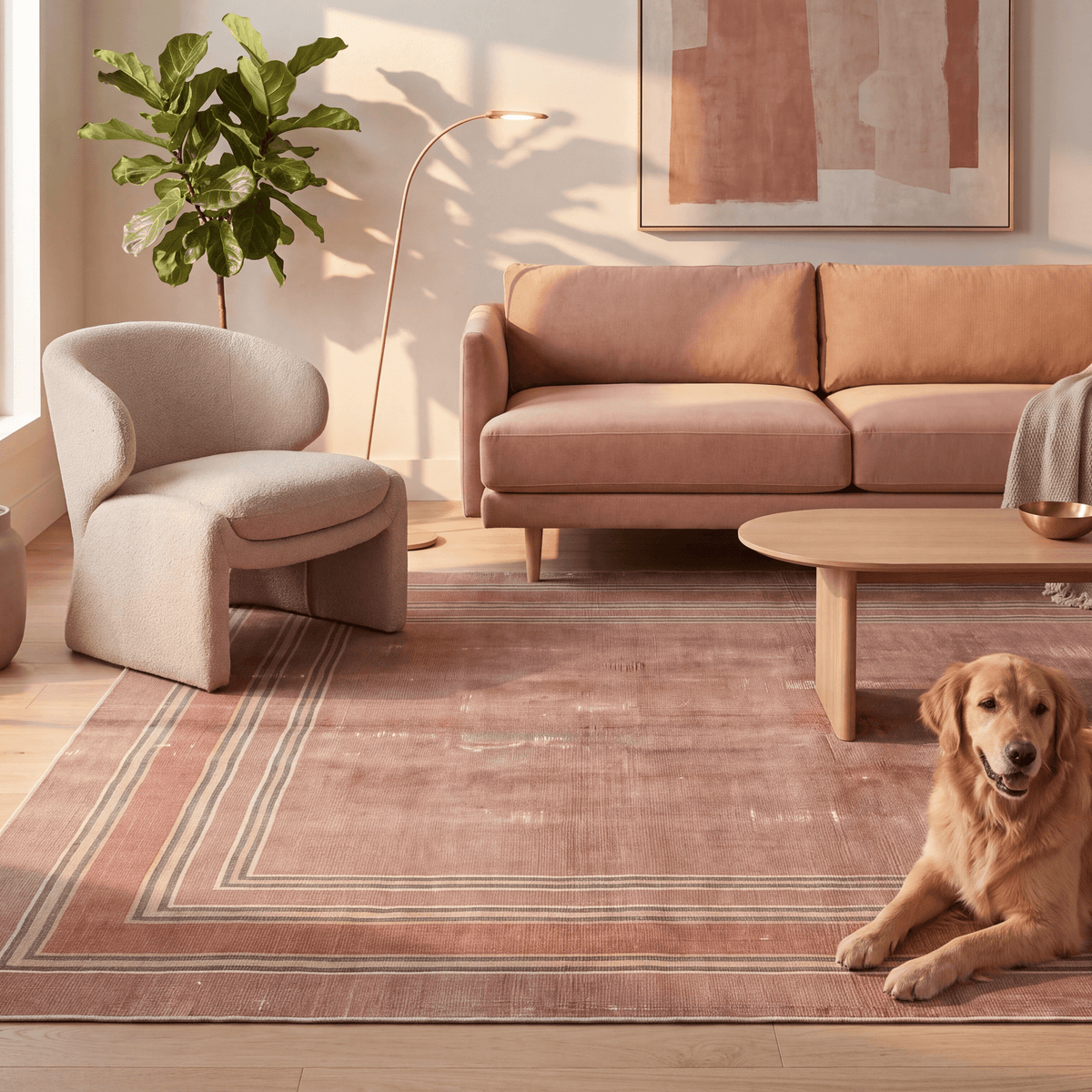 A dog resting on the rug in a living room.