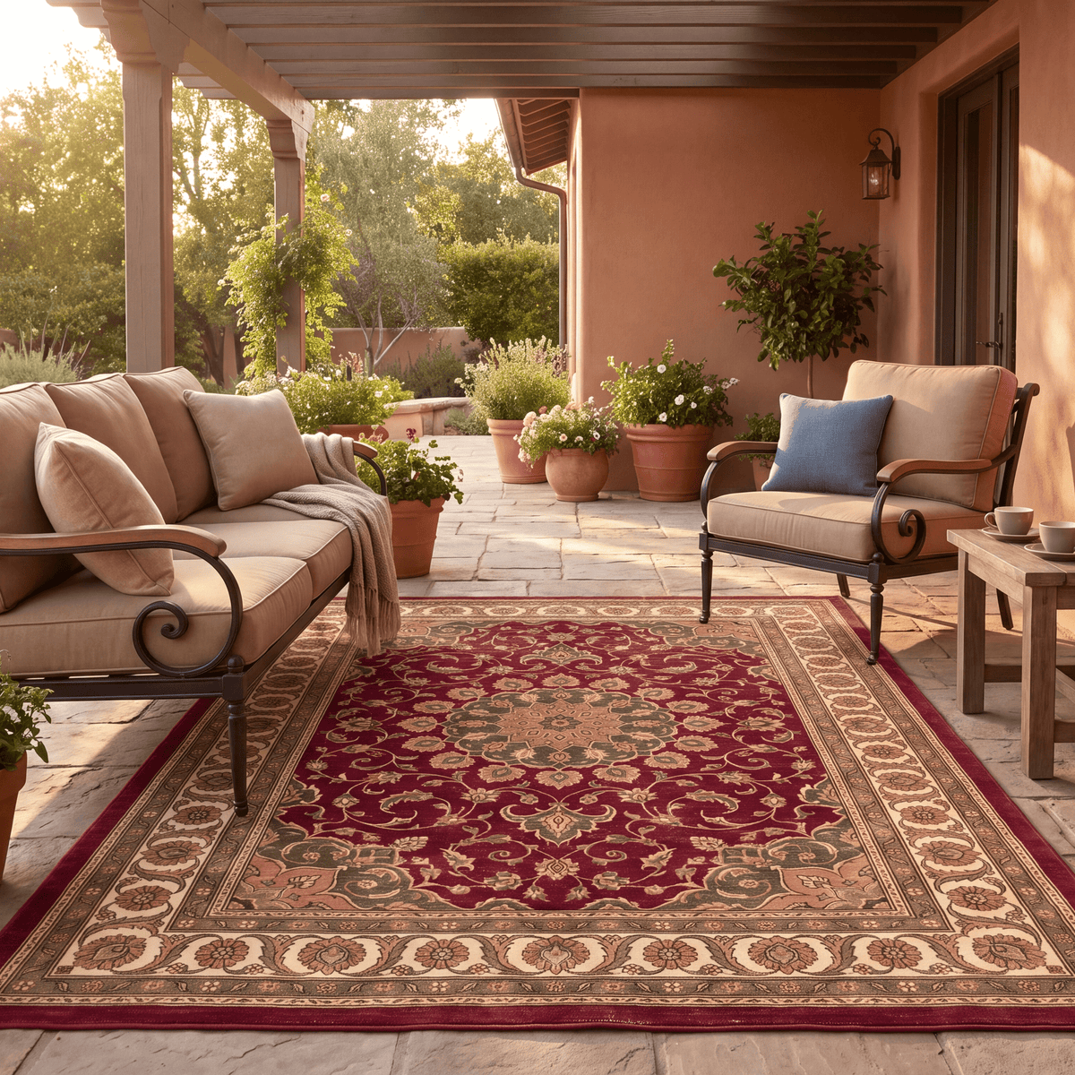 The rug laid flat on a patio beside outdoor seating.