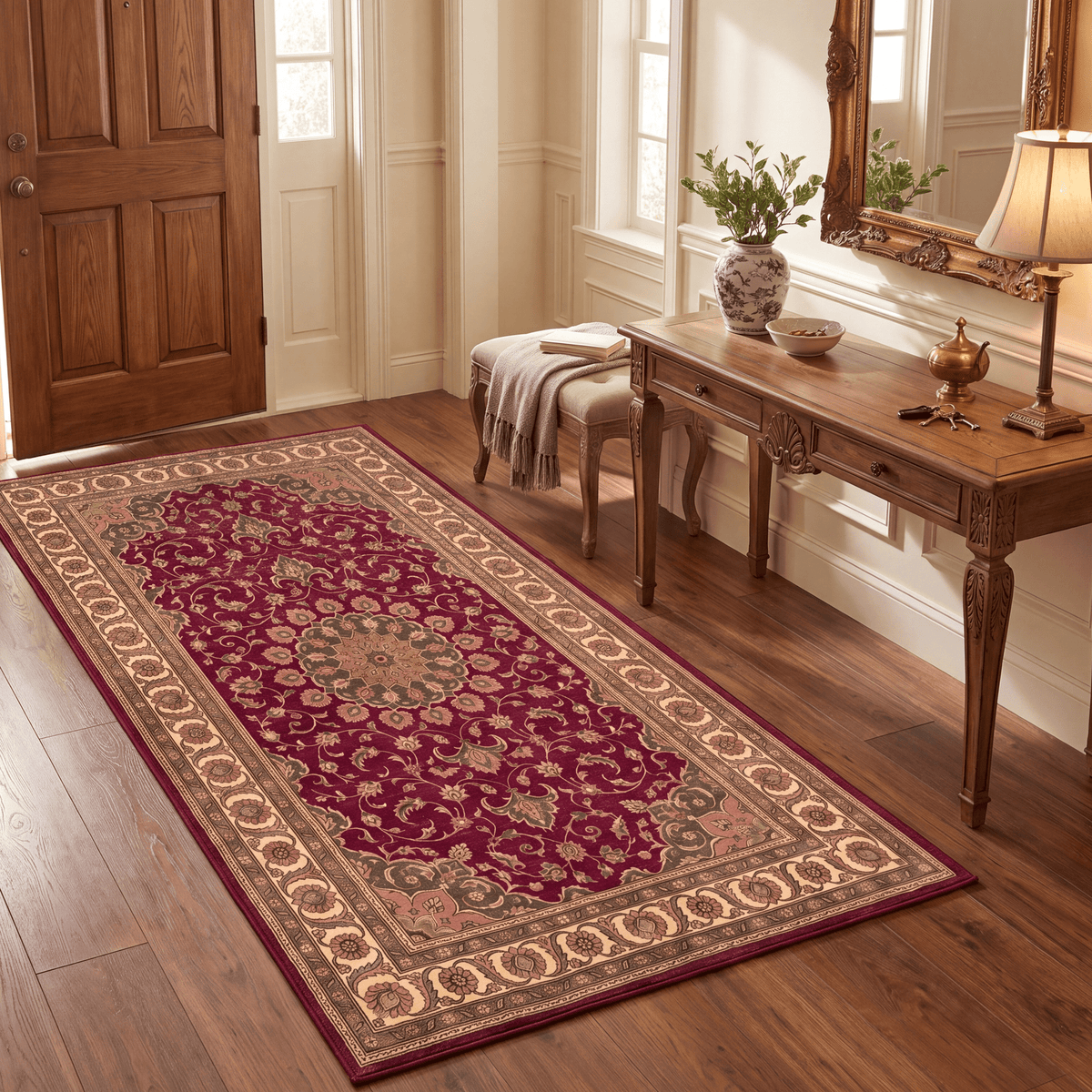 Palisade2 Traditional Medallion Border Wine Olive Bone Washable Indoor Outdoor Entryway Rug - RugzellaDigital Print RugRugzellaRugzellaBBB435-RECT-24x47-60x120cmRGZLLA98711Rectangle2' x 3'11" (60x120 cm)RUNNER | Palisade2 runner entryway
