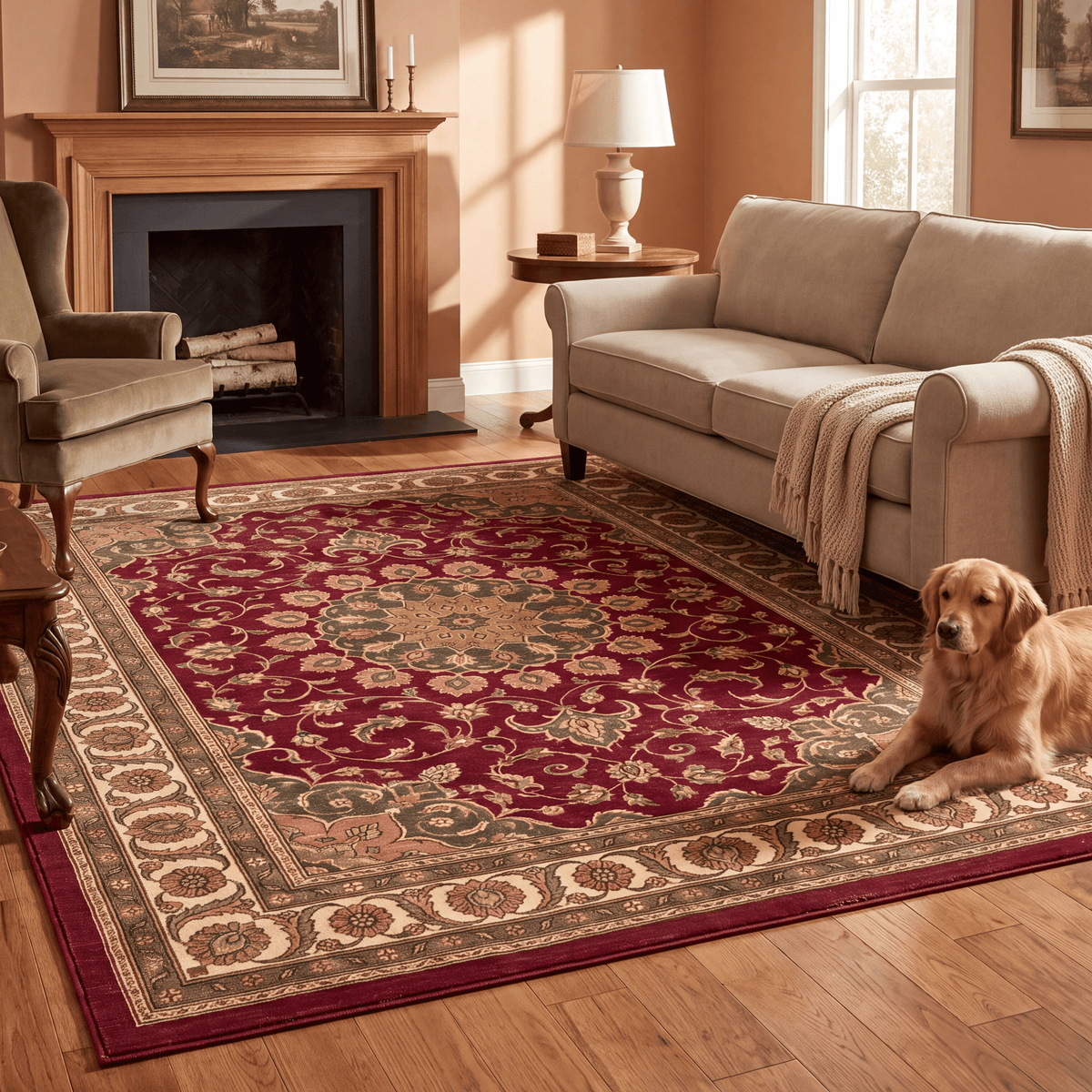 A dog resting on the rug in a living room.