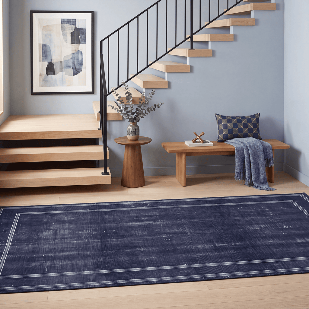 Parlour2 Modern Minimalist Border Indigo Blue Chalk Washable Indoor Outdoor Entryway Rug - RugzellaDigital Print RugRugzellaRugzellaBBB403-RECT-24x47-60x120cmRGZLLA116801Rectangle2' x 3'11" (60x120 cm)RUNNER | Parlour2 runner staircase
