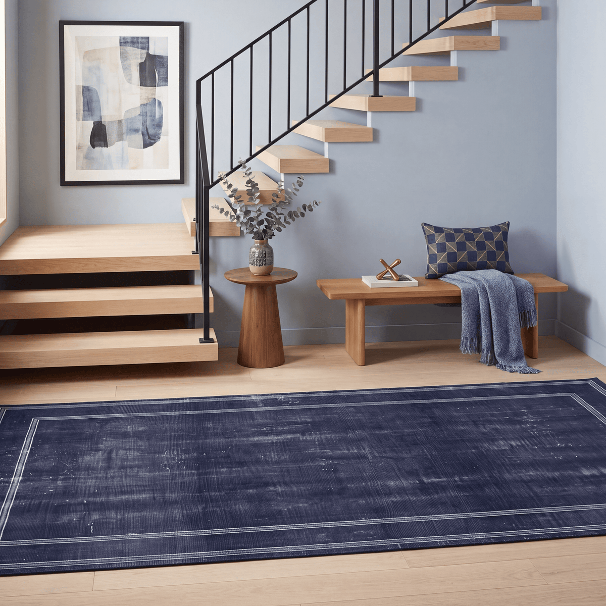 Parlour2 Modern Minimalist Border Indigo Blue Chalk Washable Indoor Outdoor Entryway Rug - RugzellaDigital Print RugRugzellaRugzellaBBB403-RECT-24x47-60x120cmRGZLLA116801Rectangle2' x 3'11" (60x120 cm)RUNNER | Parlour2 runner staircase