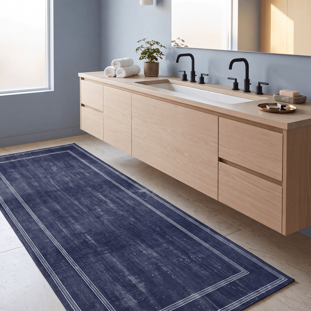 Parlour2 Modern Minimalist Border Indigo Blue Chalk Washable Indoor Outdoor Entryway Rug - RugzellaDigital Print RugRugzellaRugzellaBBB403-RECT-24x47-60x120cmRGZLLA116801Rectangle2' x 3'11" (60x120 cm)RUNNER | Parlour2 runner bathroom