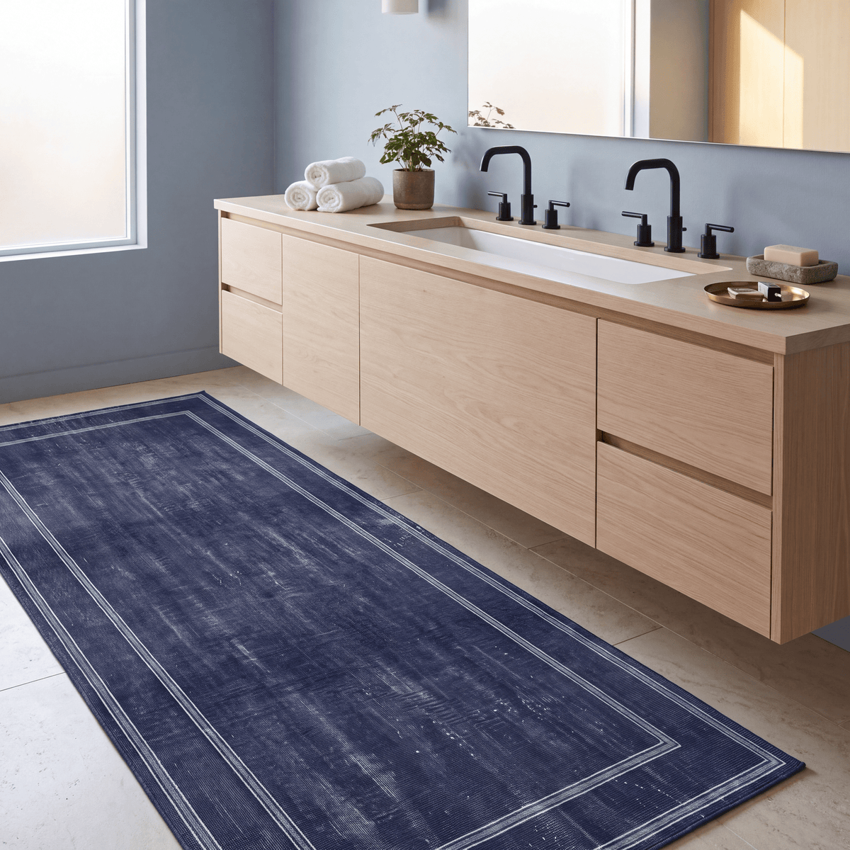 Parlour2 Modern Minimalist Border Indigo Blue Chalk Washable Indoor Outdoor Entryway Rug - RugzellaDigital Print RugRugzellaRugzellaBBB403-RECT-24x47-60x120cmRGZLLA116801Rectangle2' x 3'11" (60x120 cm)RUNNER | Parlour2 runner bathroom