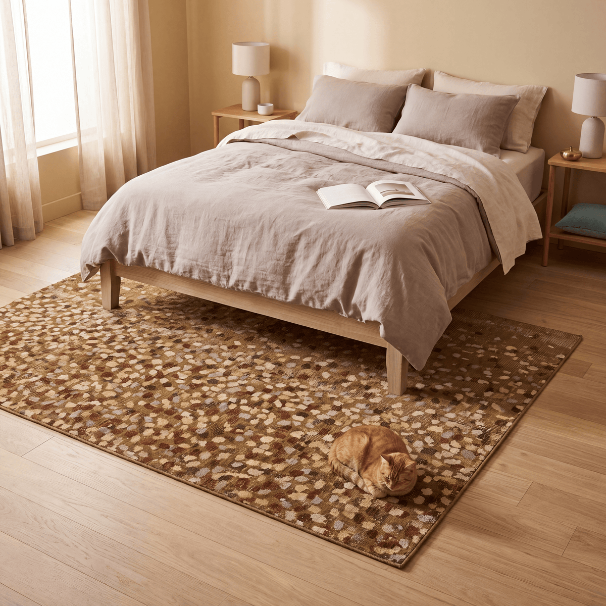The rug at the foot of a bed with a cat asleep on it.