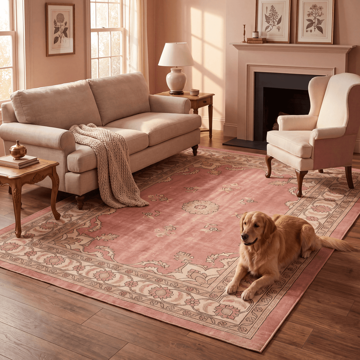 A dog resting on the rug in a living room.