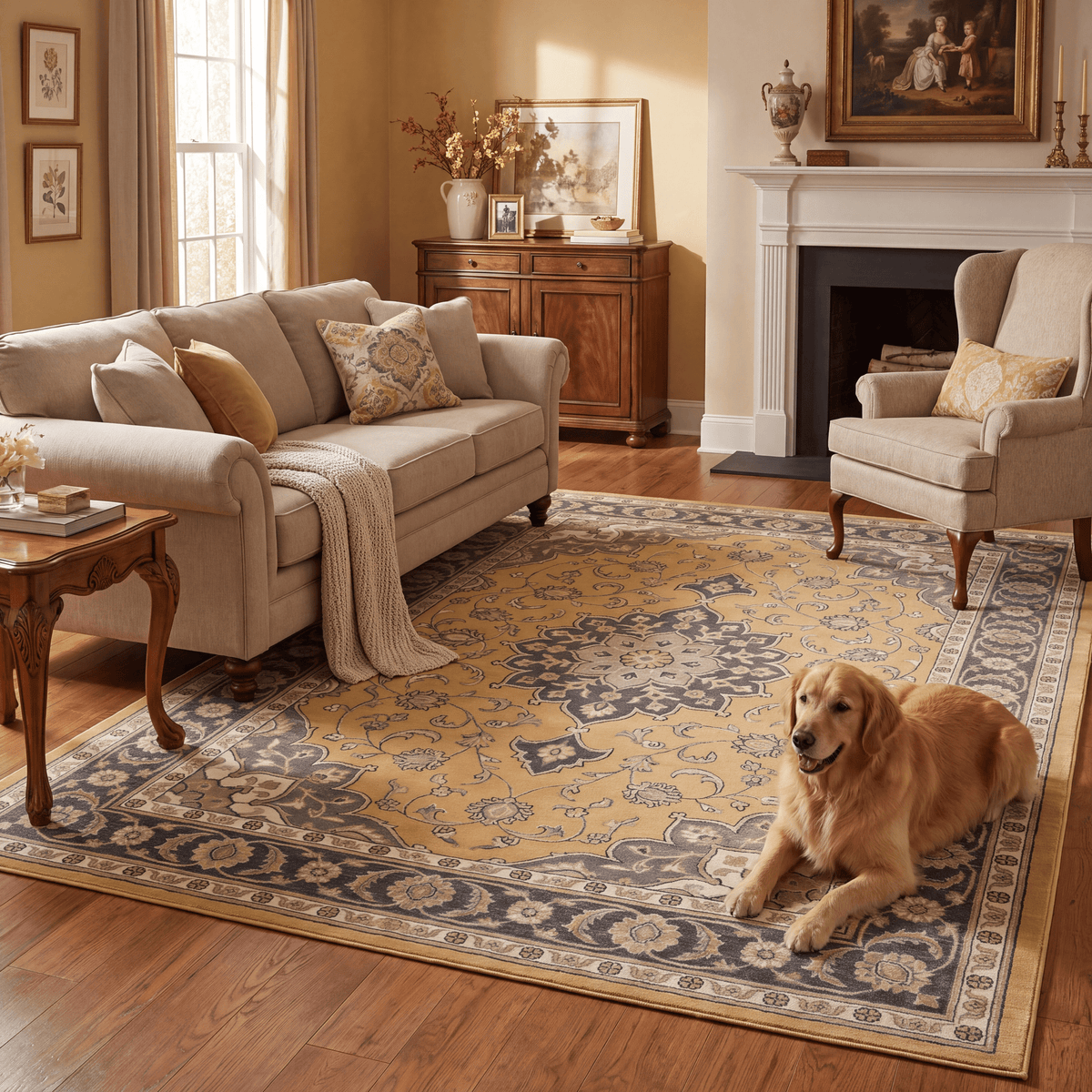 A dog resting on the rug in a living room.