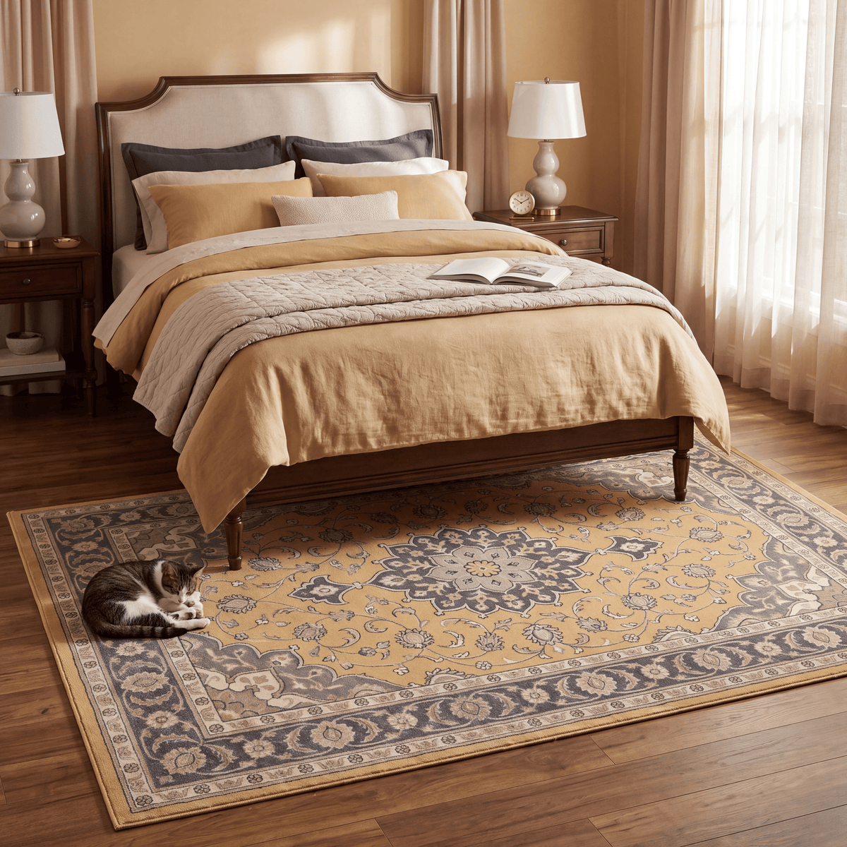 The rug at the foot of a bed with a cat asleep on it.