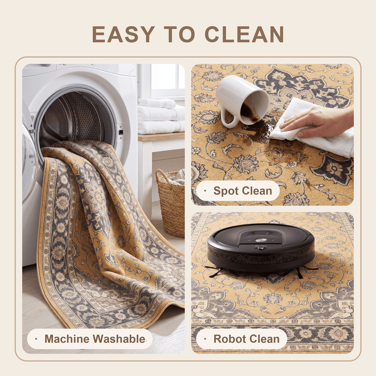 Plainfield Traditional Medallion Bordered Mustard Charcoal Ivory Washable Indoor Outdoor Entryway Rug - RugzellaDigital Print RugRugzellaRugzellaBBB466-RECT-24x47-60x120cmRGZLLA143601Rectangle2' x 3'11" (60x120 cm)SHARED | Plainfield feature clean
