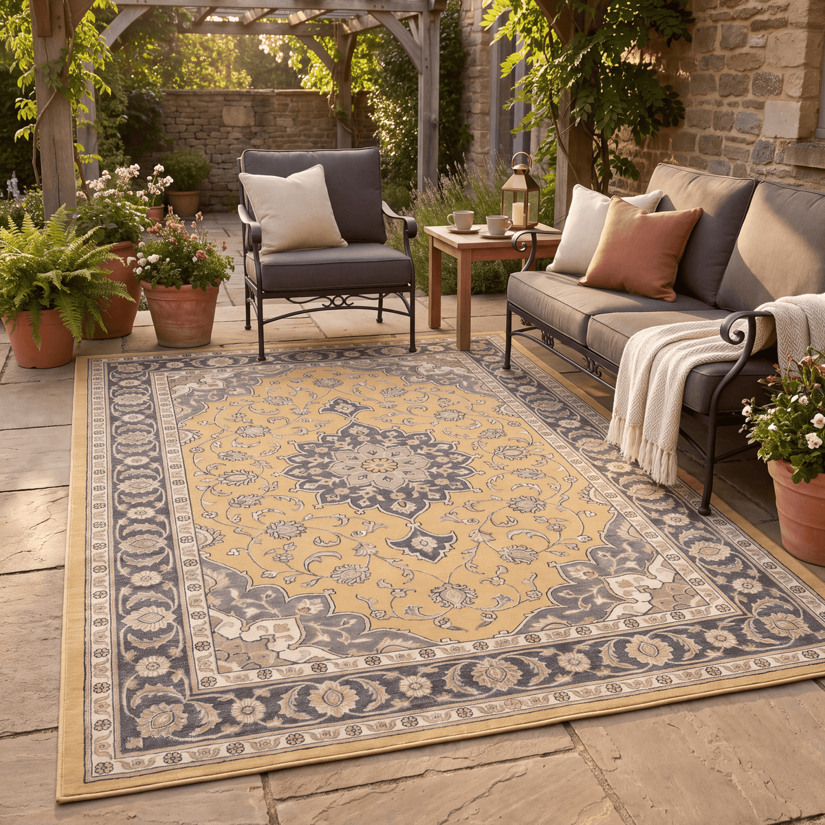 The rug laid flat on a patio beside outdoor seating.