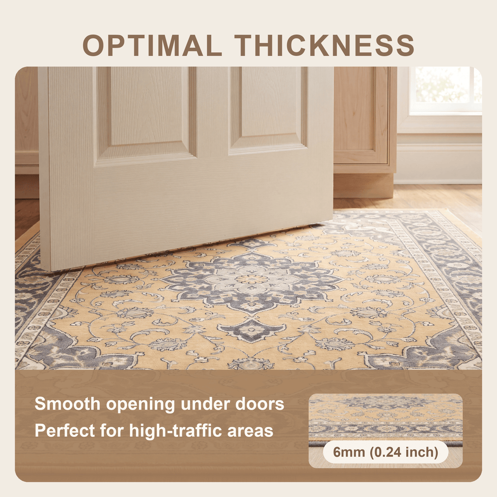 Plainfield Traditional Medallion Bordered Mustard Charcoal Ivory Washable Indoor Outdoor Entryway Rug - RugzellaDigital Print RugRugzellaRugzellaBBB466-RECT-24x47-60x120cmRGZLLA143601Rectangle2' x 3'11" (60x120 cm)SHARED | Plainfield feature thickness